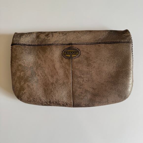 Fossil Explorer Metallic Gold Distressed Handbag Clutch Bag Leather Zipper Purse - Picture 3 of 16